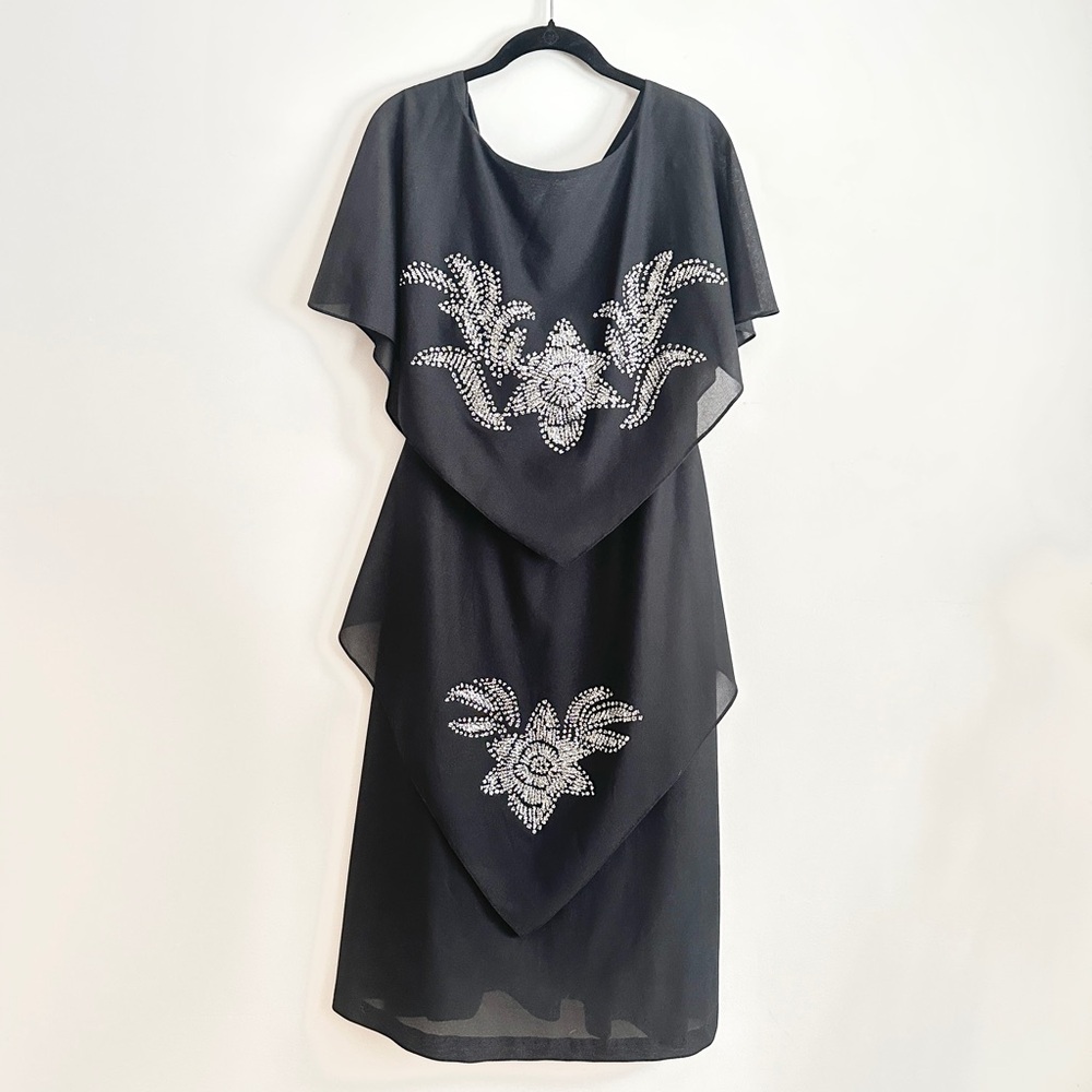 Vintage Gilberto brand three tiered black dress floral silver appliqué M/L